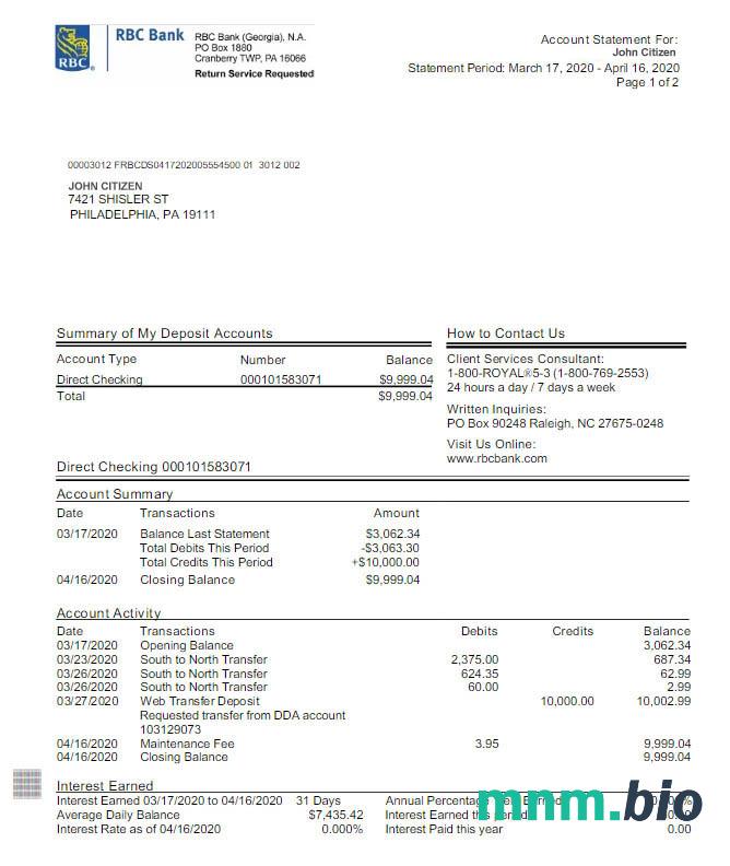 Wyciąg bankowy USA Peoples Bank Midwest (PBM) 5 stron